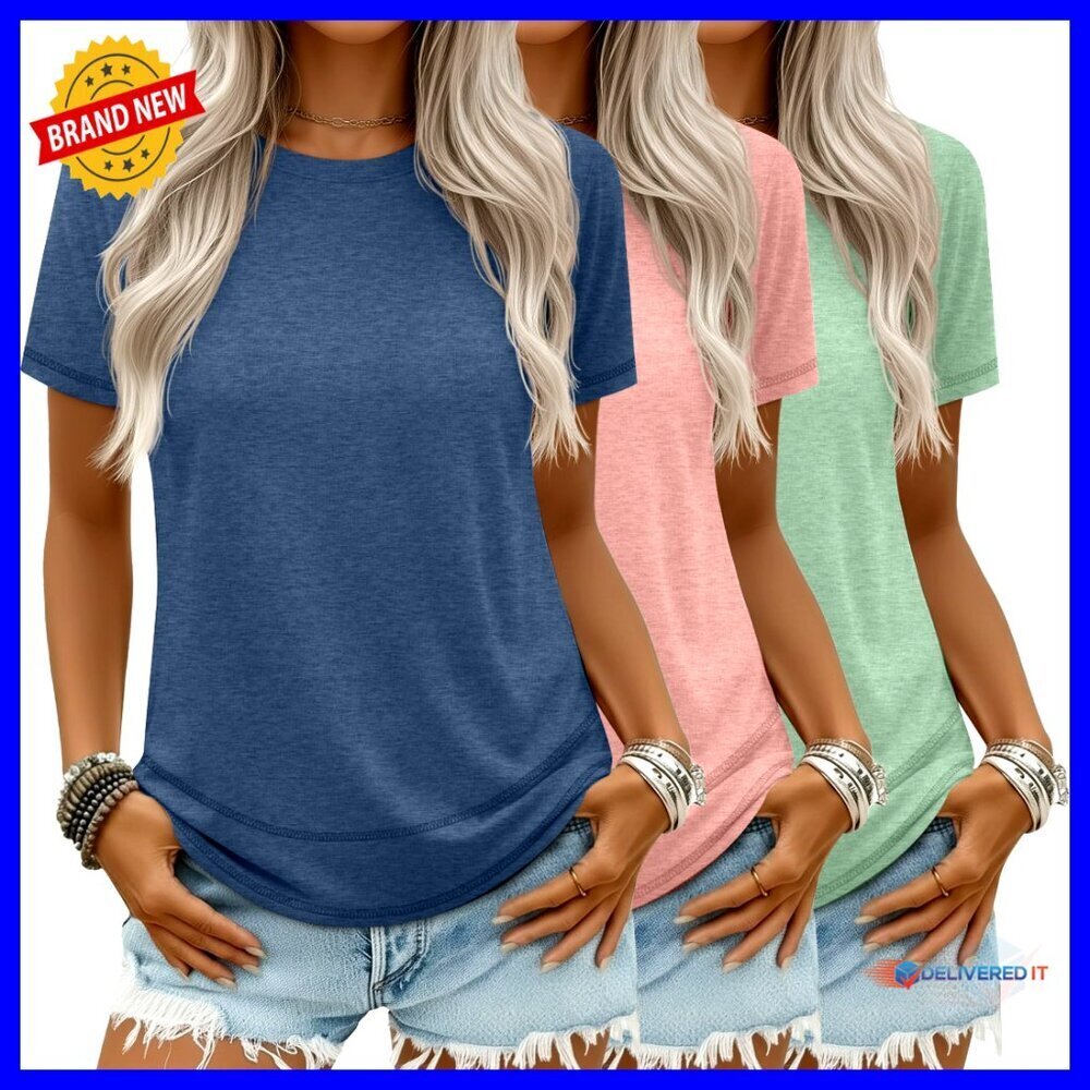 3 Pack Short Sleeve Tunic Tops, Loose Fit Crew Neck Tee Shirts, Casual Blouses